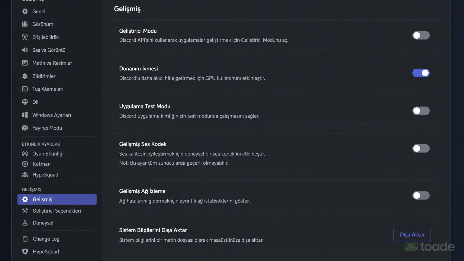 Discord masa&uuml;st&uuml; uygulamasında gelişmiş ayarlar ekranı
