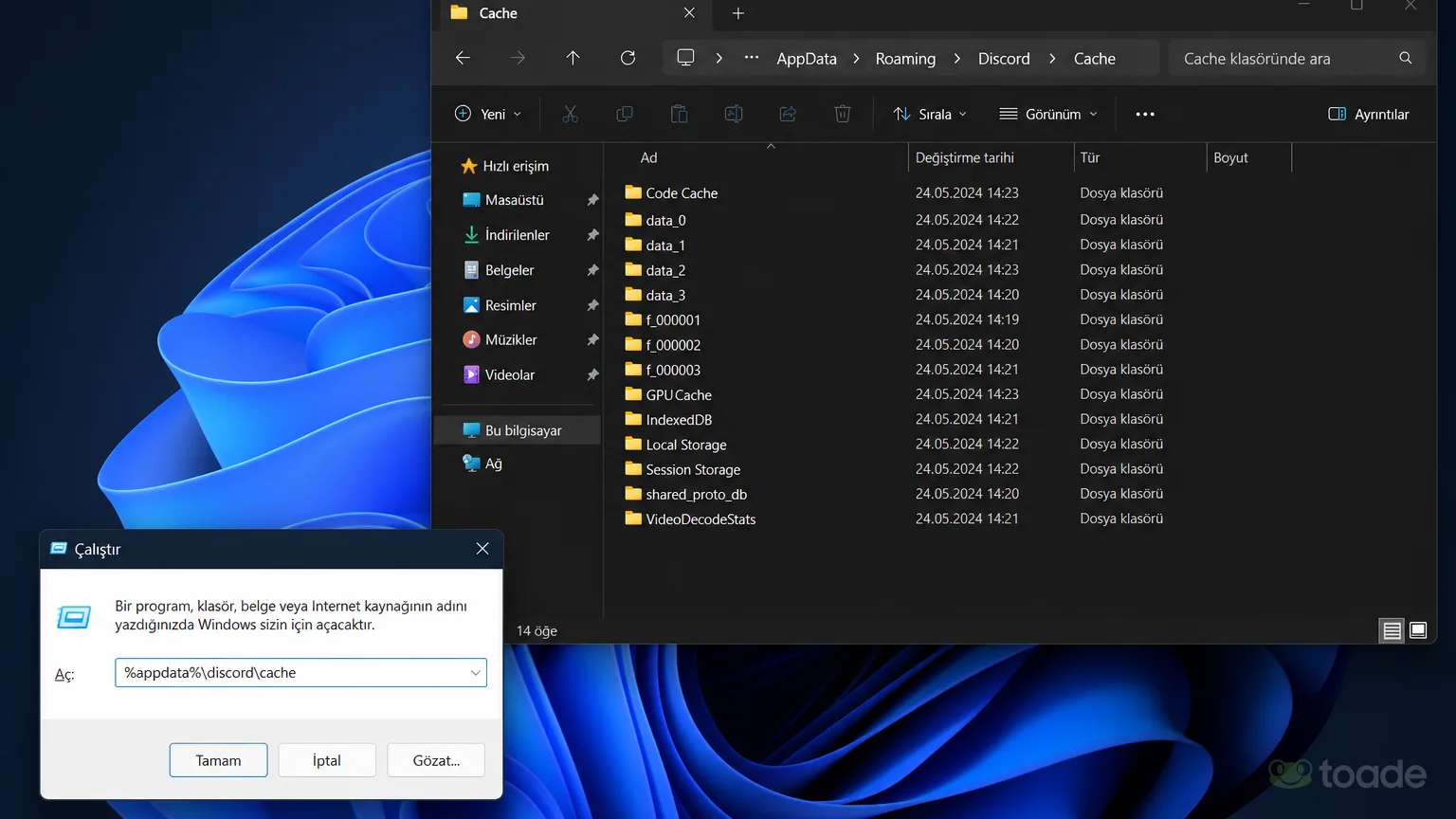 Windows &Ccedil;alıştır penceresinden Discord &ouml;nbelleğine erişim
