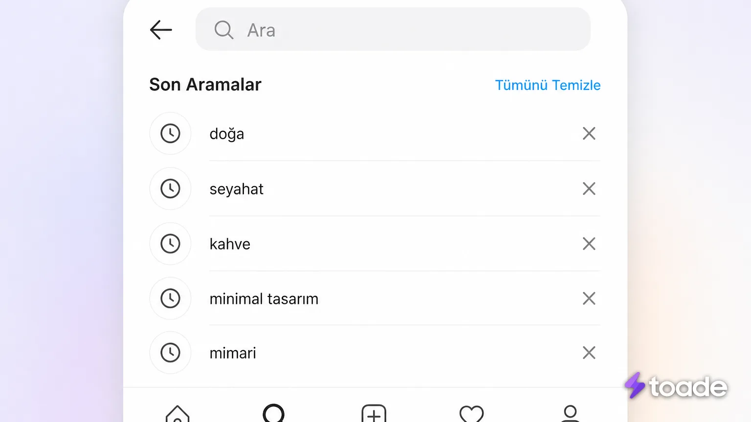 Instagram son aramalar listesini temizleme ekranı