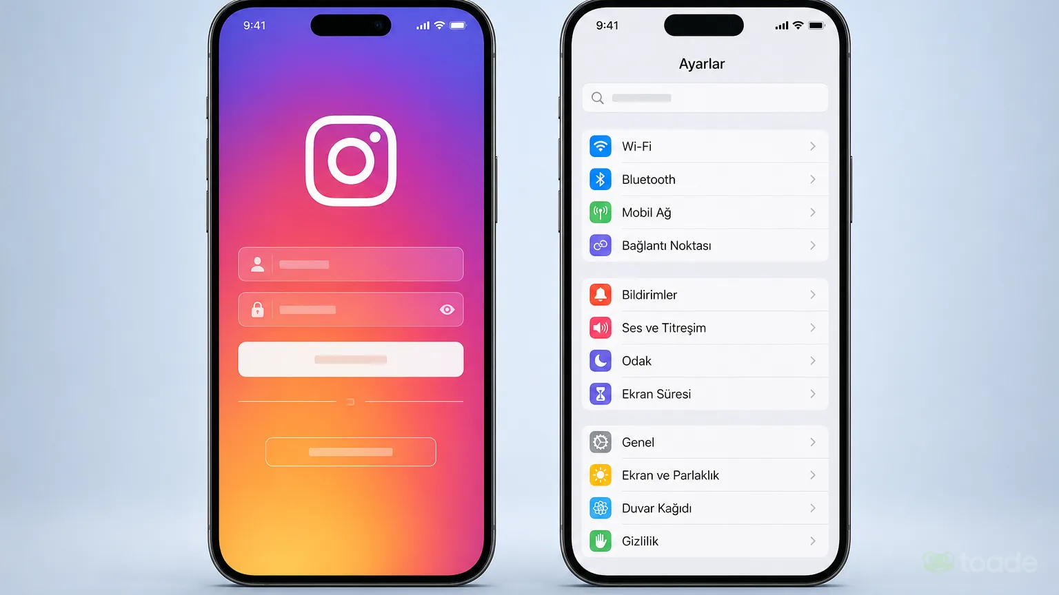 Instagram oturum açma ve ayarlar ekranı