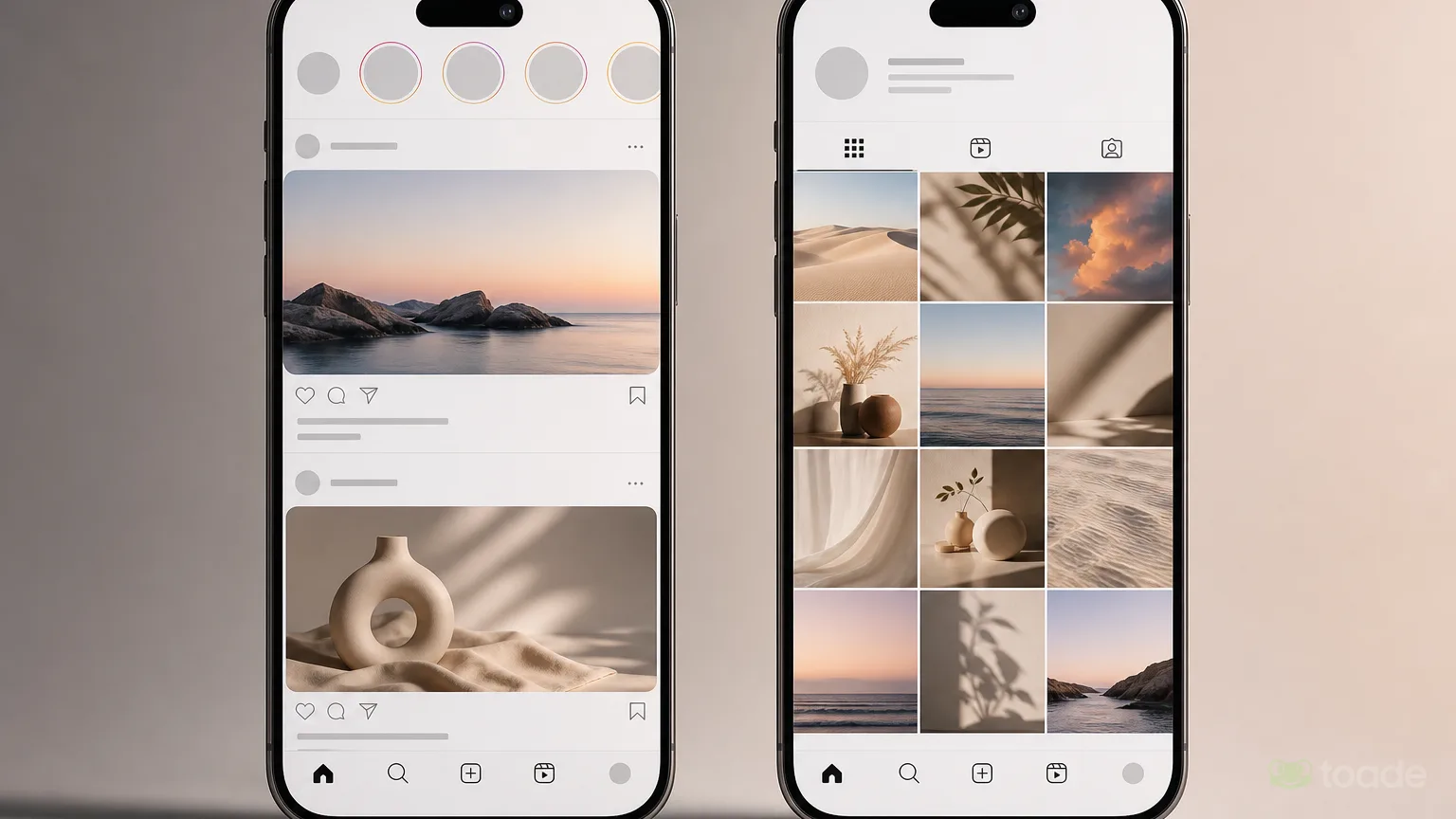Instagram ana akışı ve profil ızgarası karşılaştırması