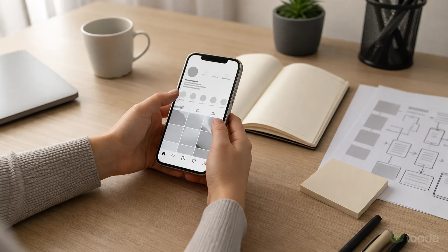 Instagram içerik planlaması yapan çalışma masası