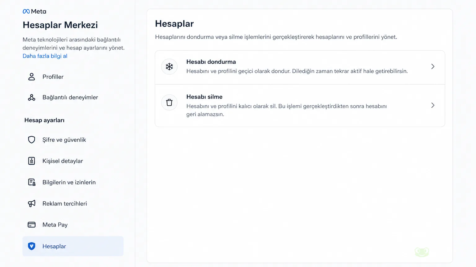 Meta Hesaplar Merkezi dondurma ve silme tercih ekranı