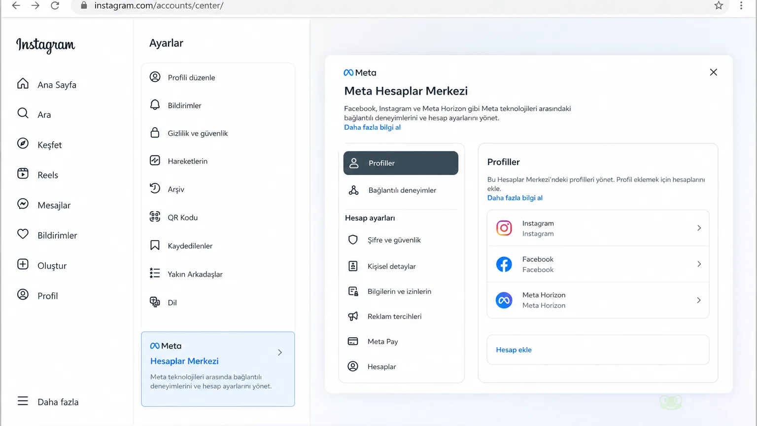 Instagram web arayüzünde Hesaplar Merkezi menü geçişi