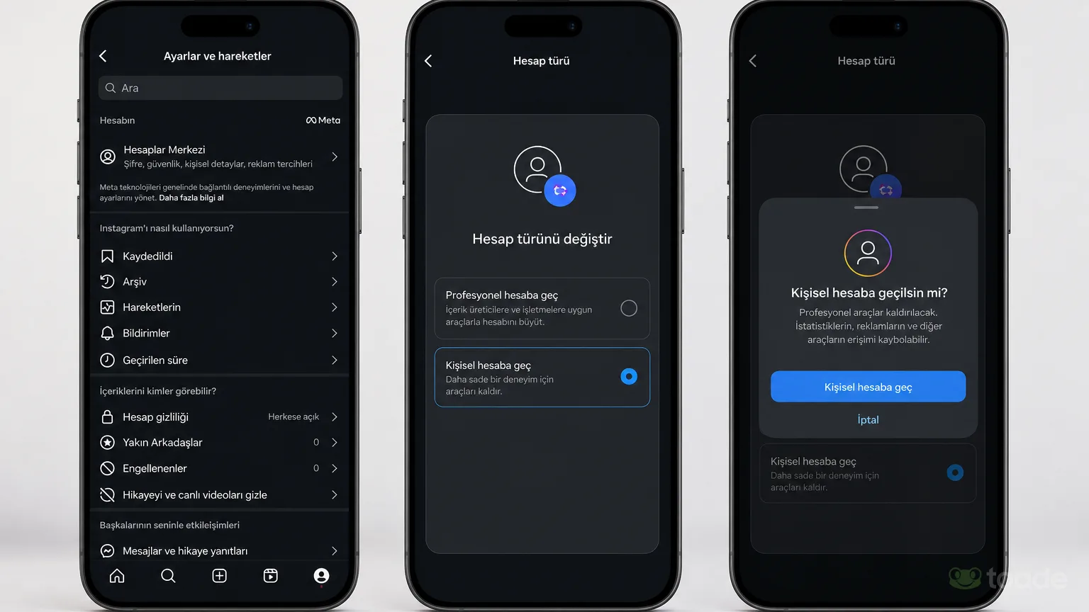 Instagram kişisel hesaba geçiş ekranı