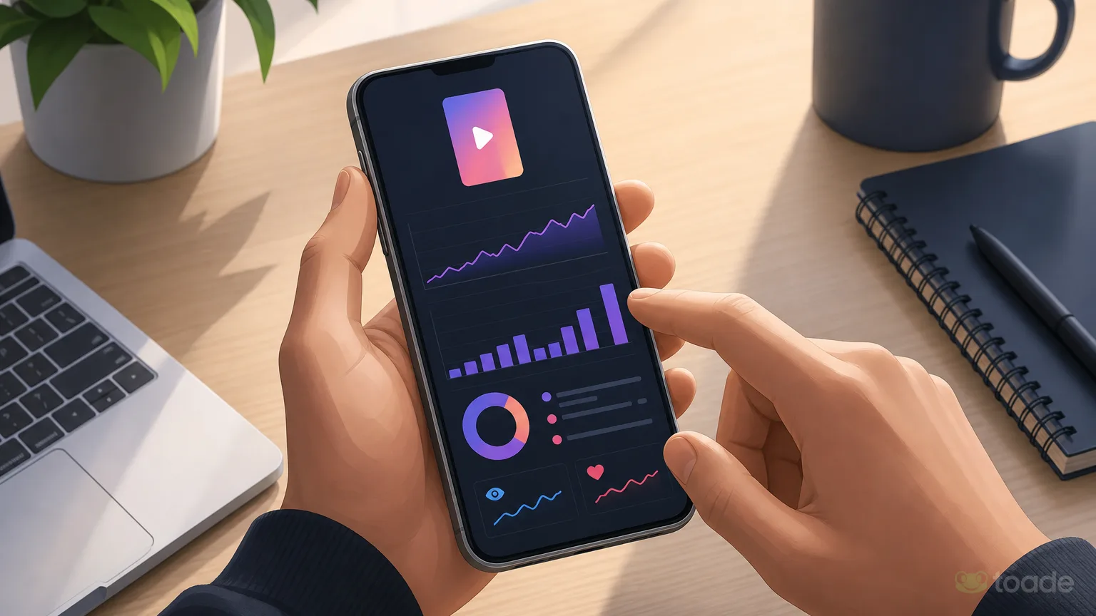 Telefon üzerinden Reels analitiklerini inceleyen içerik üreticisi