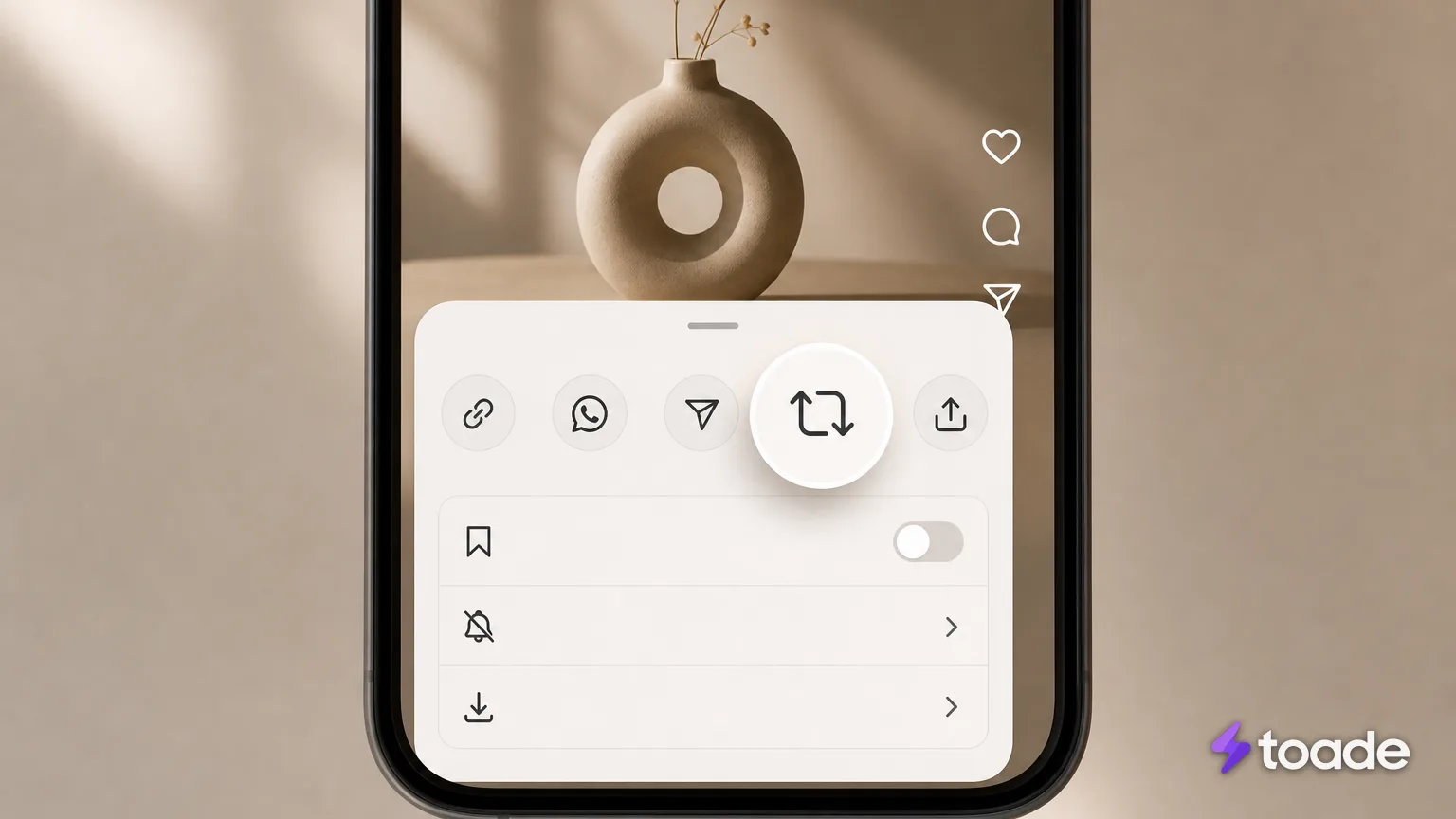 Instagram gönderisinde yeniden paylaşım düğmesinin bulunduğu paylaşım menüsü