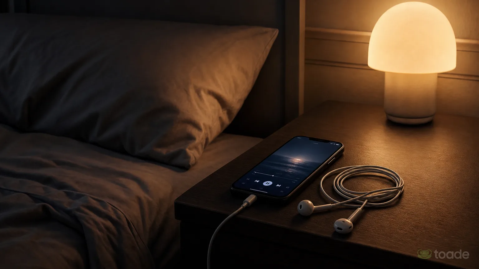 Karanlık odada müzik uygulaması açık telefon ve kulaklıklar
