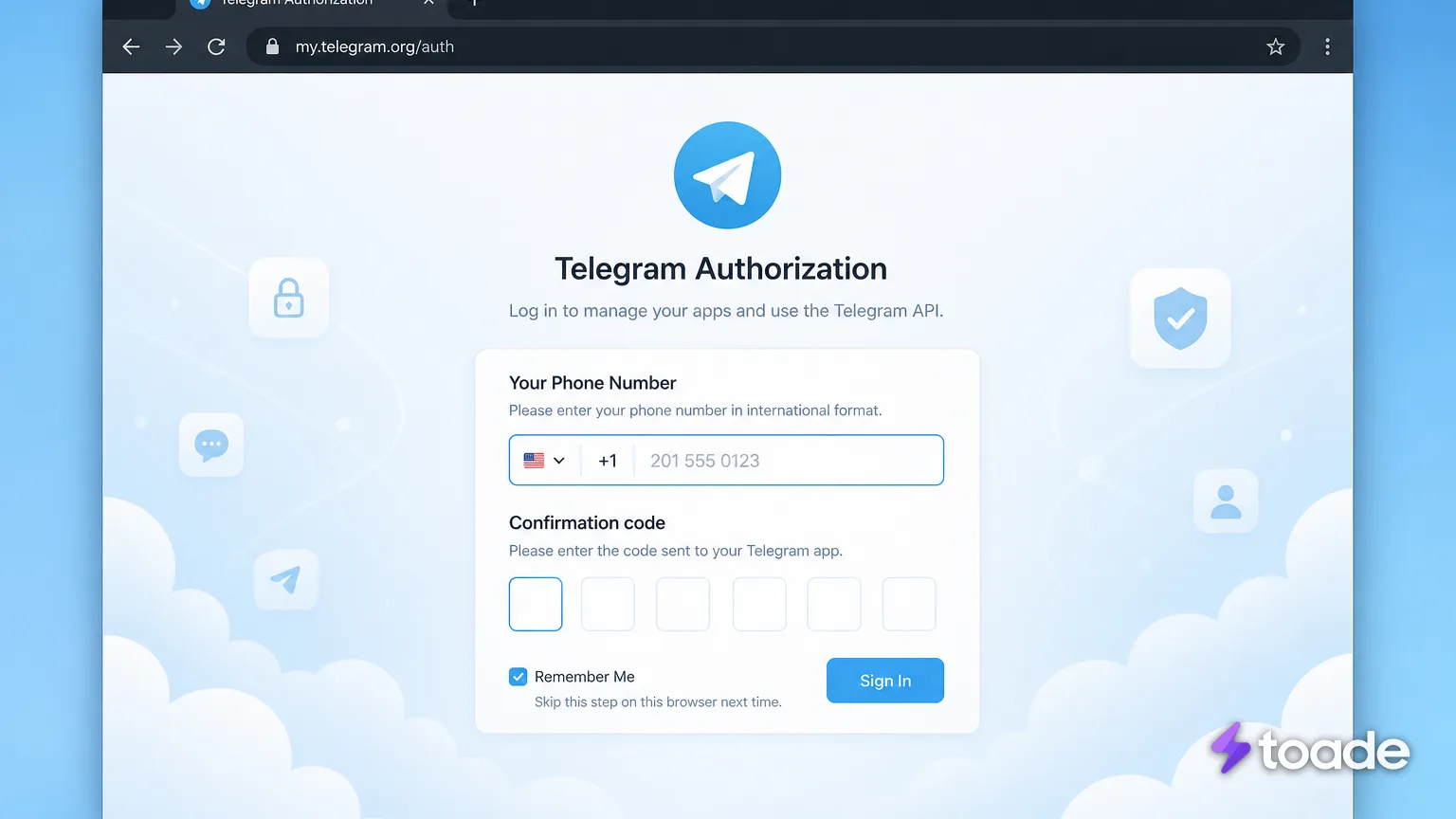 Telegram hesap silme portalındaki telefon ve kod alanları