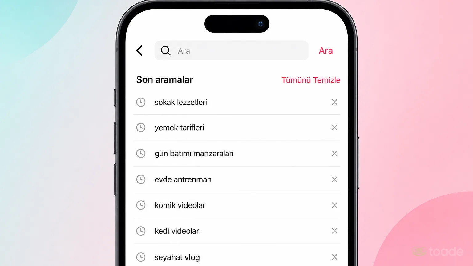 TikTok arama geçmişini temizleme ekranı