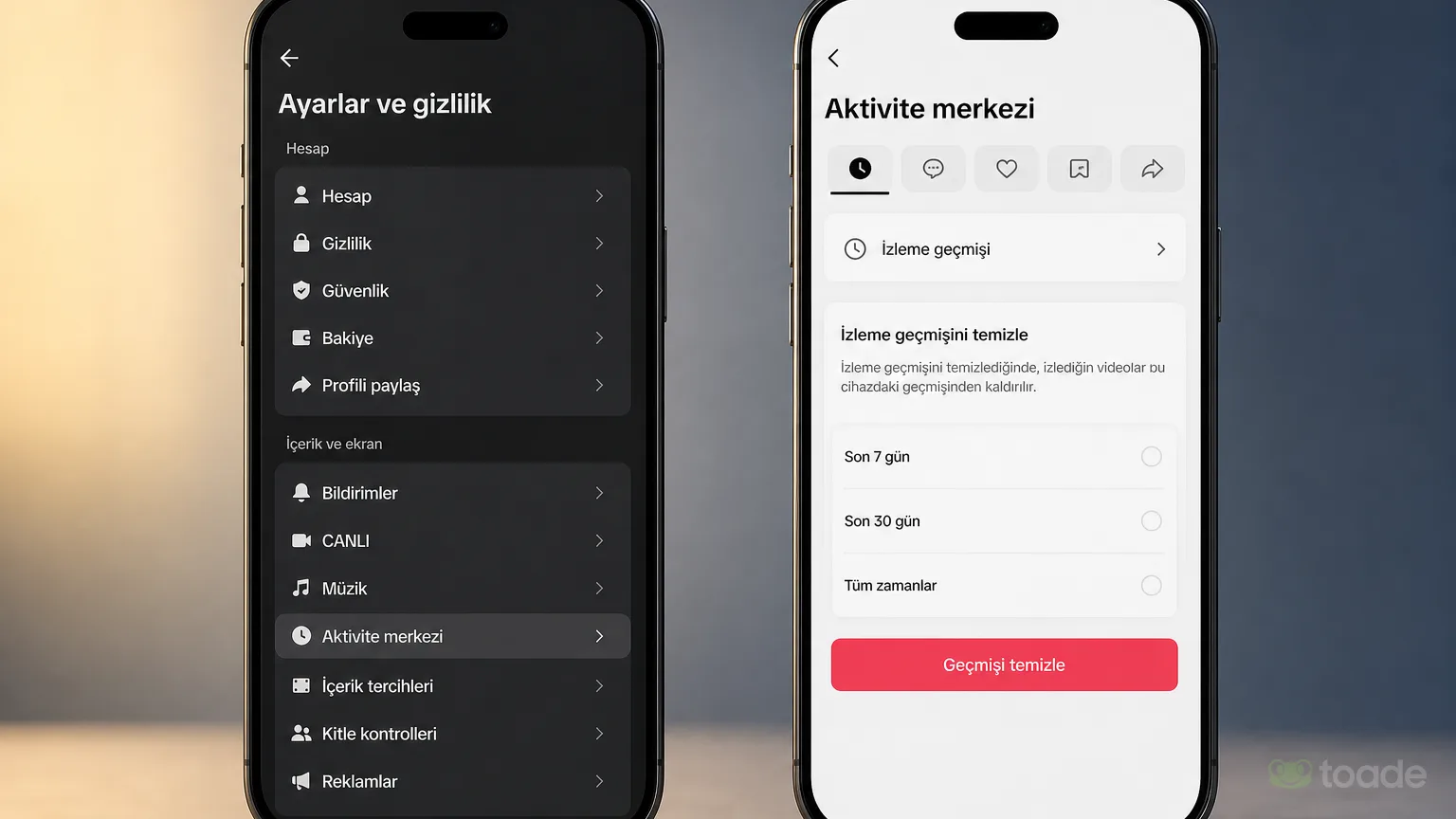 TikTok izleme geçmişini temizleme menüsü