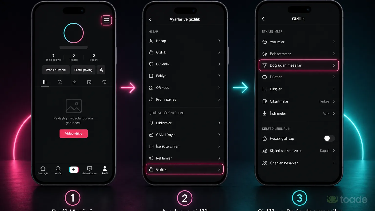 TikTok doğrudan mesaj ayarlarına ge&ccedil;iş ekranı