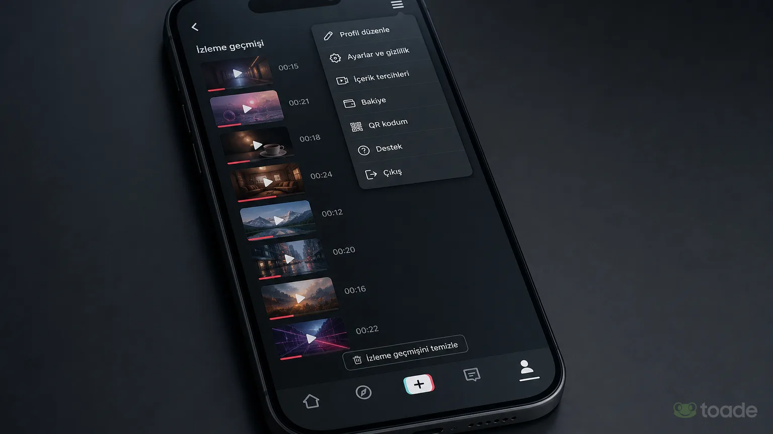 TikTok profil menüsü açık akıllı telefon ekranı