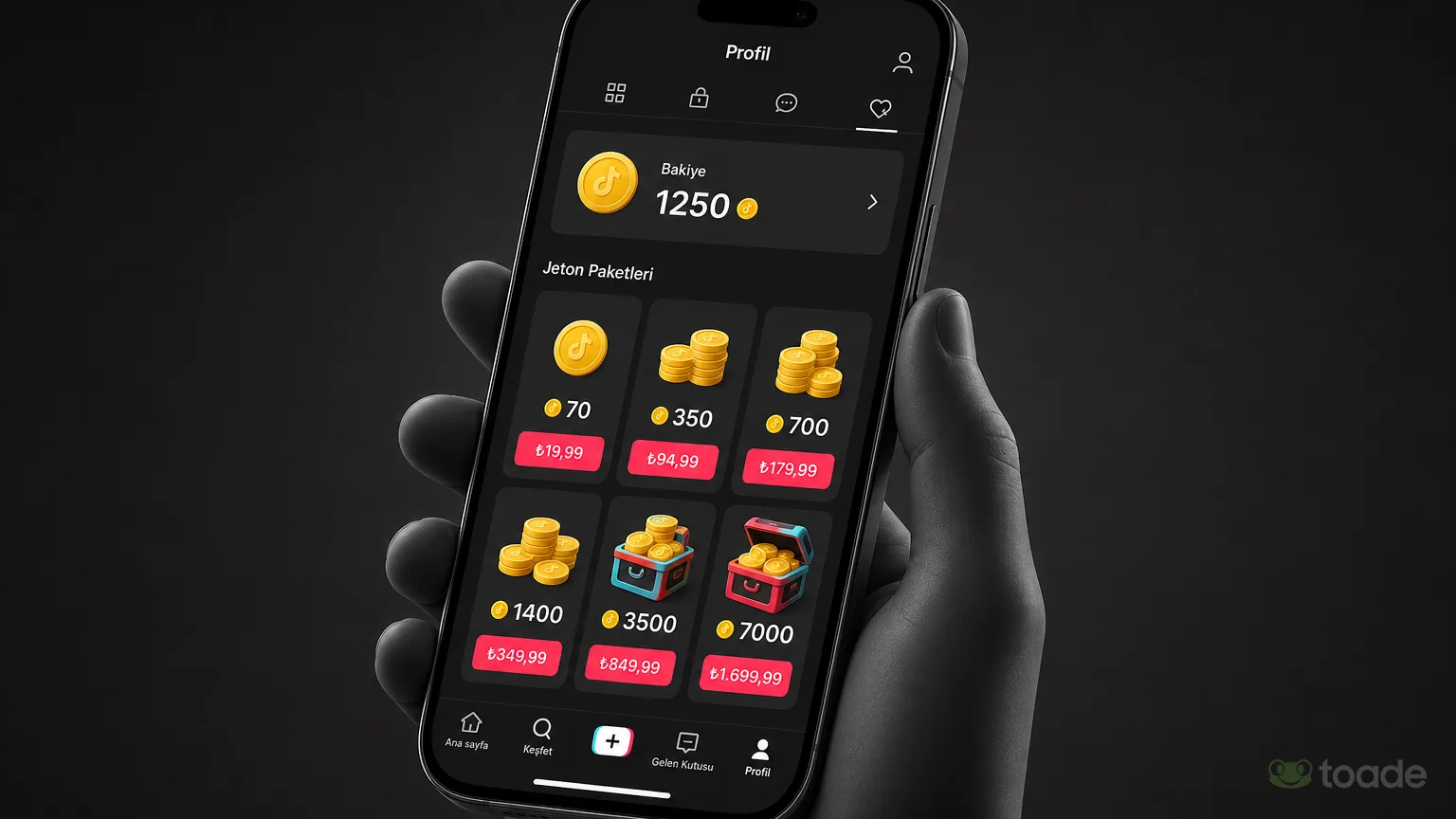 TikTok uygulamasında jeton yükleme ekranı