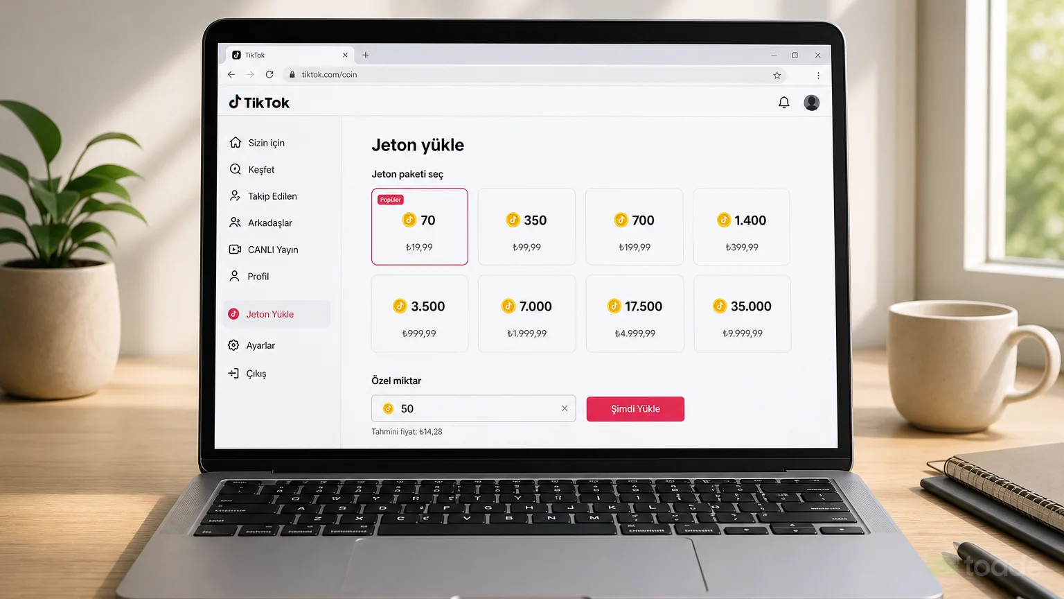 TikTok web jeton satın alma sayfası