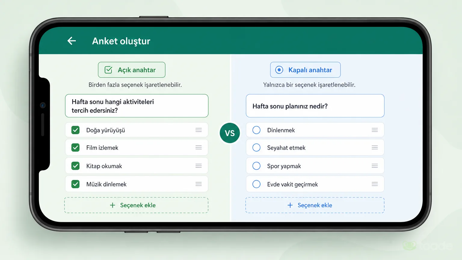 WhatsApp anketinde tekli ve çoklu oy ayarları