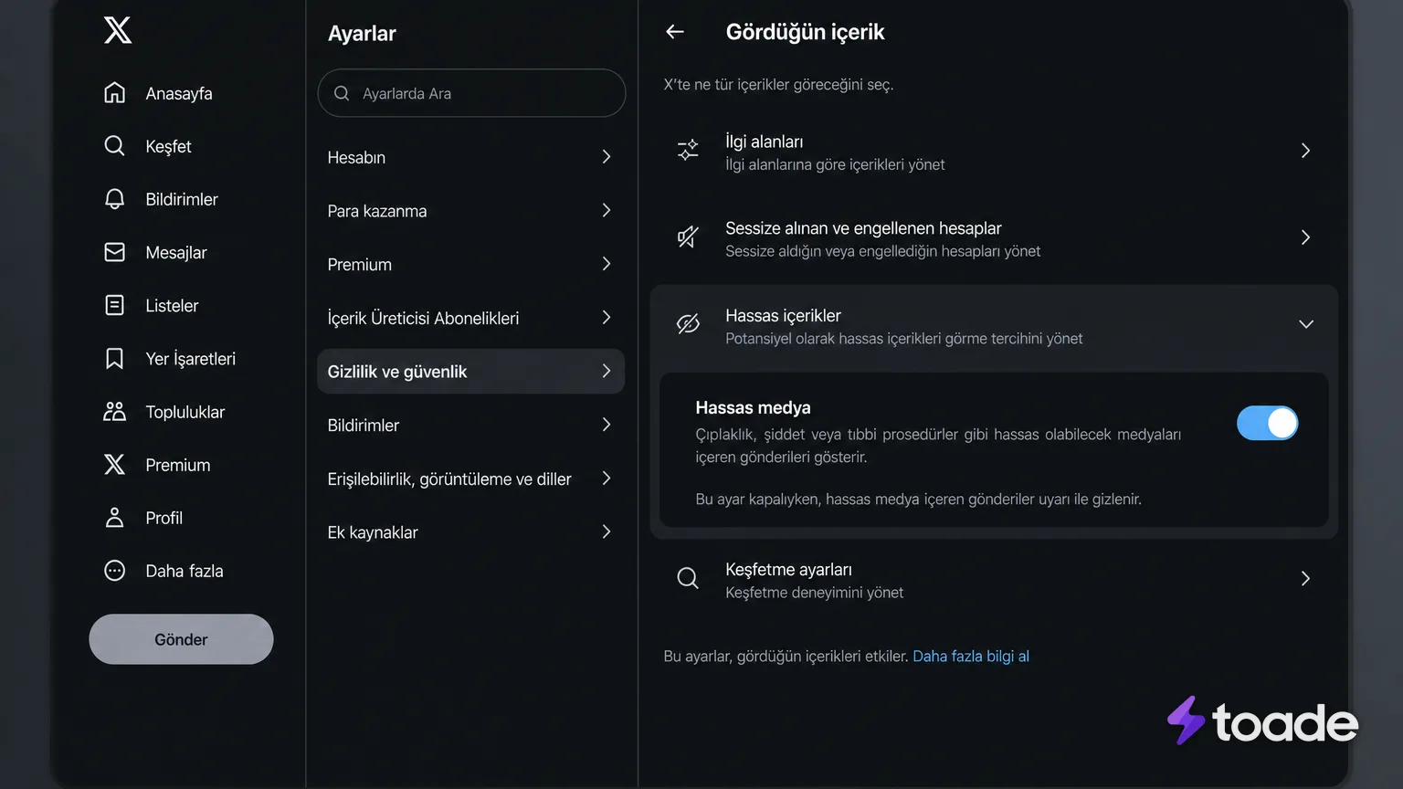 X web arayüzünde hassas medya görüntüleme ayarı