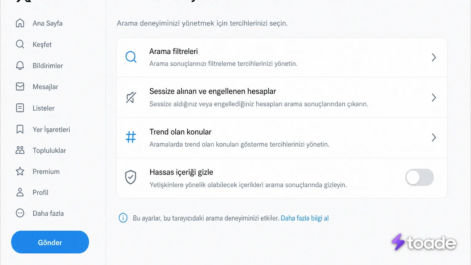 X arama sonuçlarında hassas içeriği gizleme ayarı