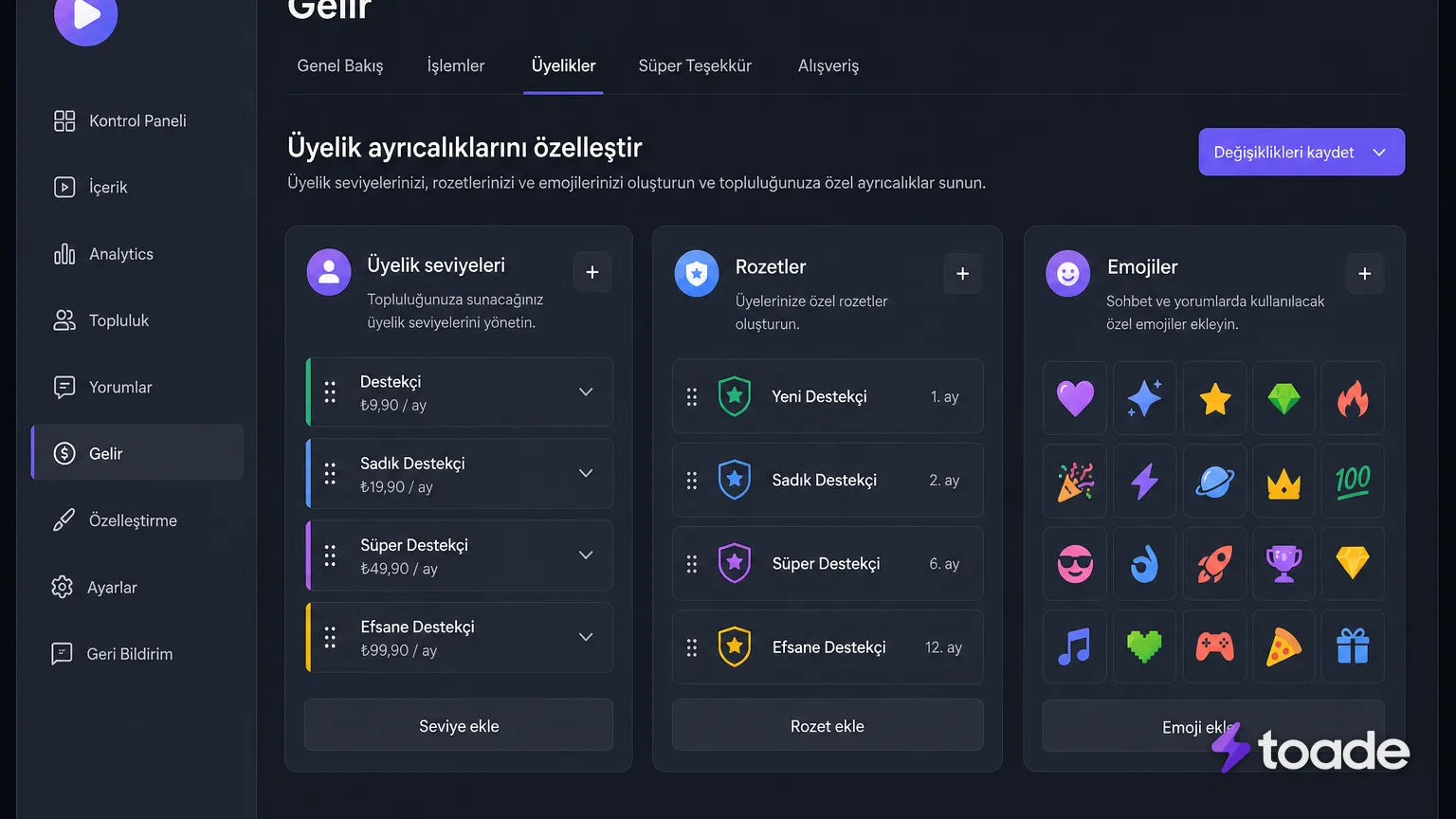 YouTube Studio üyelik yapılandırma ekranı