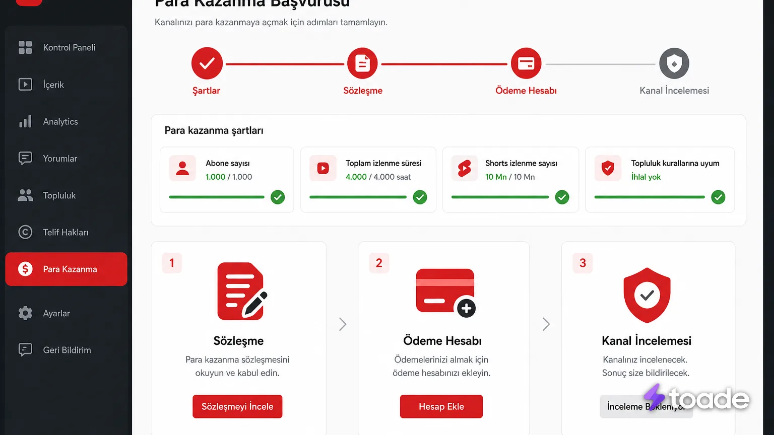 YouTube Studio para kazanma başvuru aşamaları